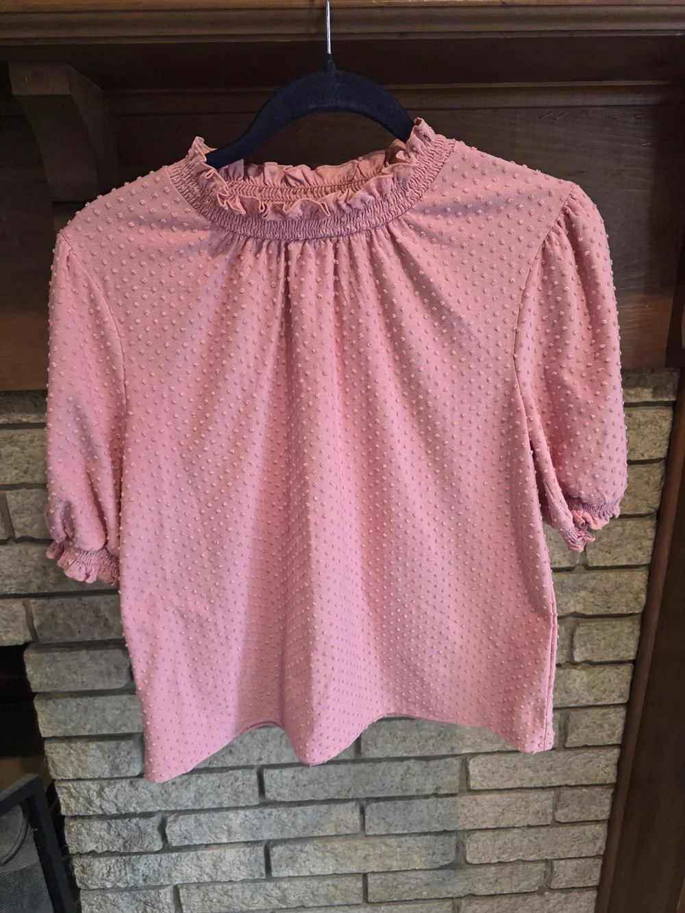 J. Crew Pink Swiss Dot Puff-Sleeve Mock Neck Blouse